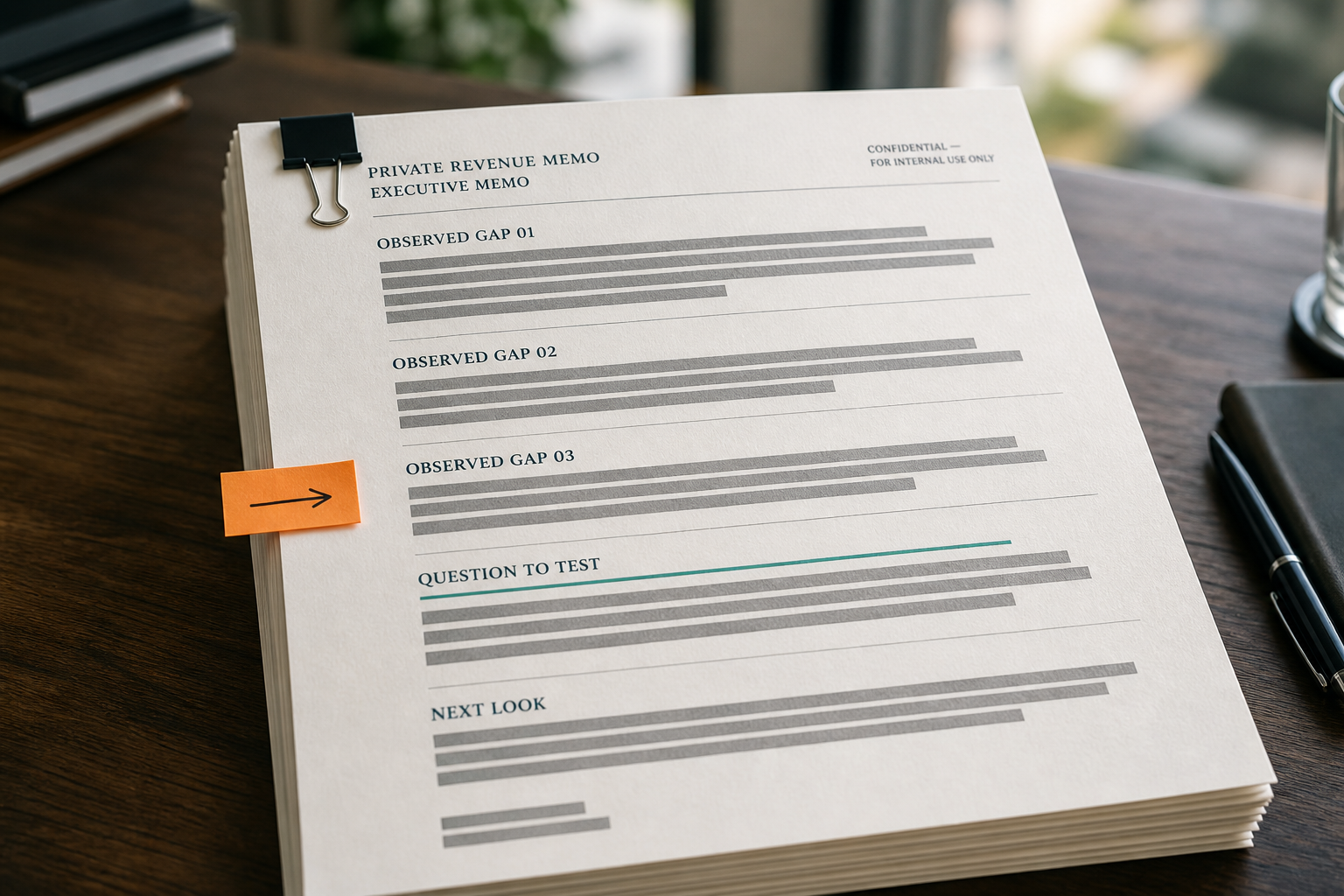 Redacted Private Revenue Memo document with observed gaps and annotation sticky