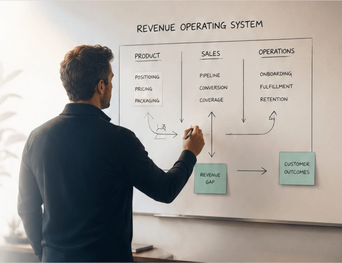Whiteboard diagram of a revenue operating system across product, sales, and operations