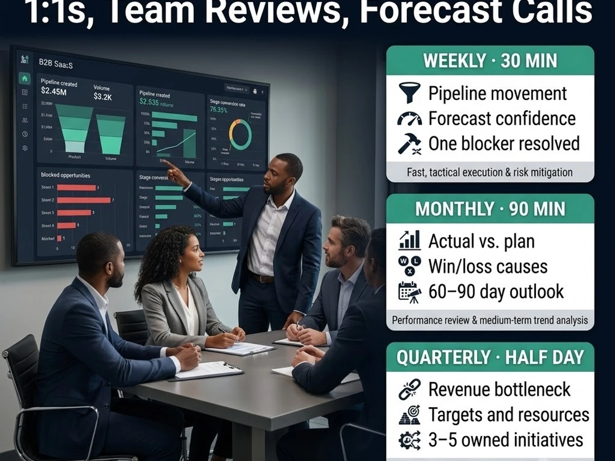 Revenue cadence three-layer system: weekly standup, monthly review, quarterly planning