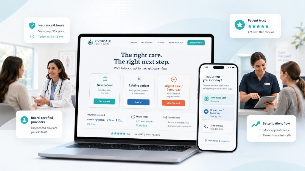 Clinic website on laptop and phone with patient routing, insurance, reviews, and schedule options