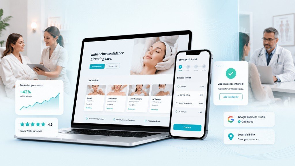 Medspa website on laptop and phone showing booking flow, reviews, and appointment confirmation