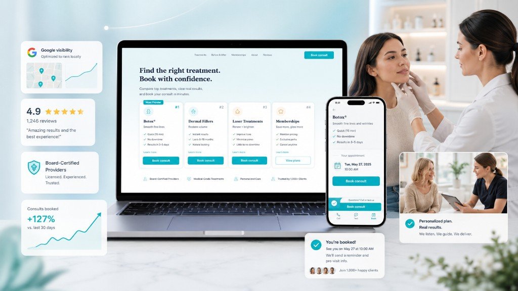 Medspa website on laptop and phone with treatment comparison, reviews, consult booking, and local visibility